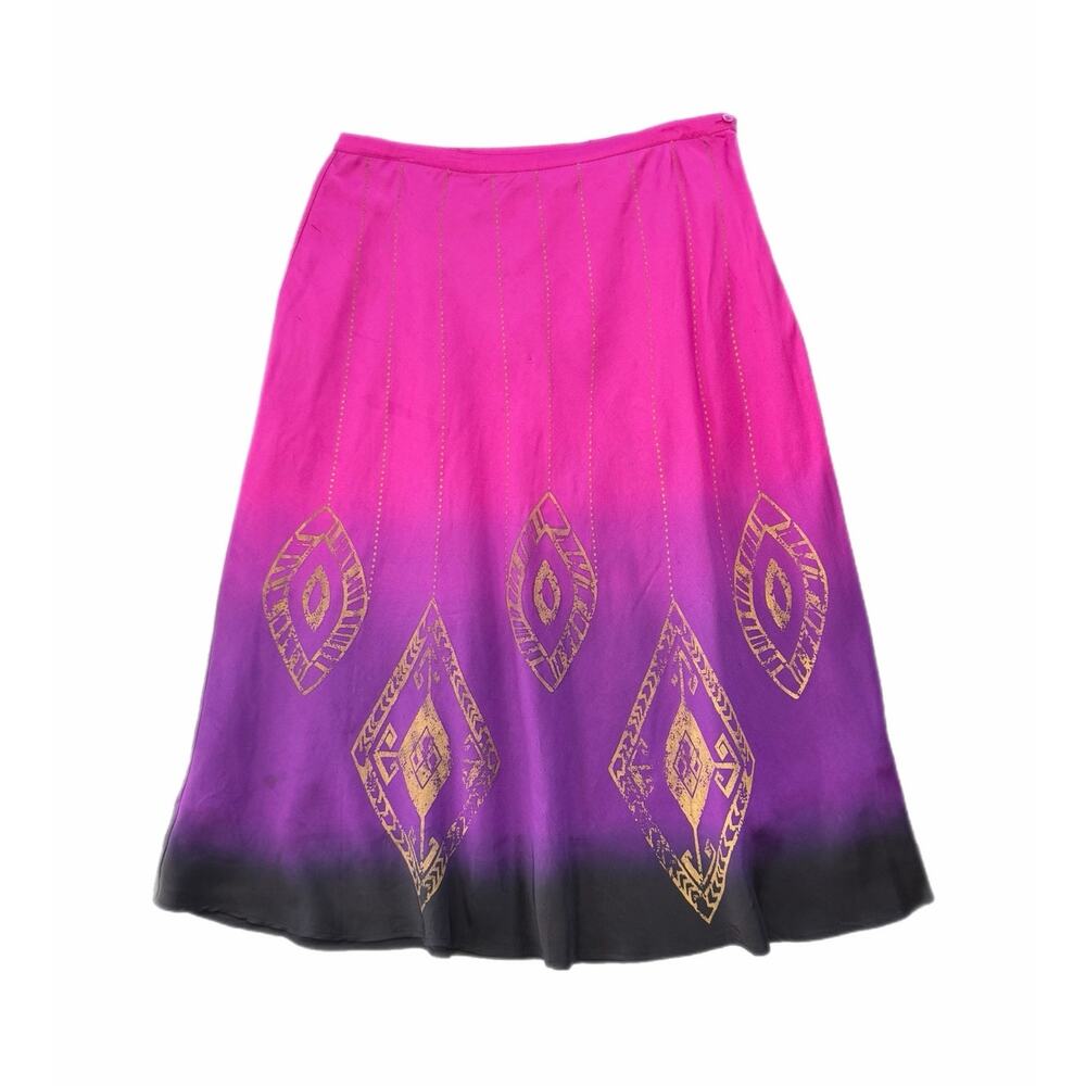 Chico’s Sz 2 Vintage Purple Ombre 100% Silk Boho Whimsical Geometric Midi Skirt